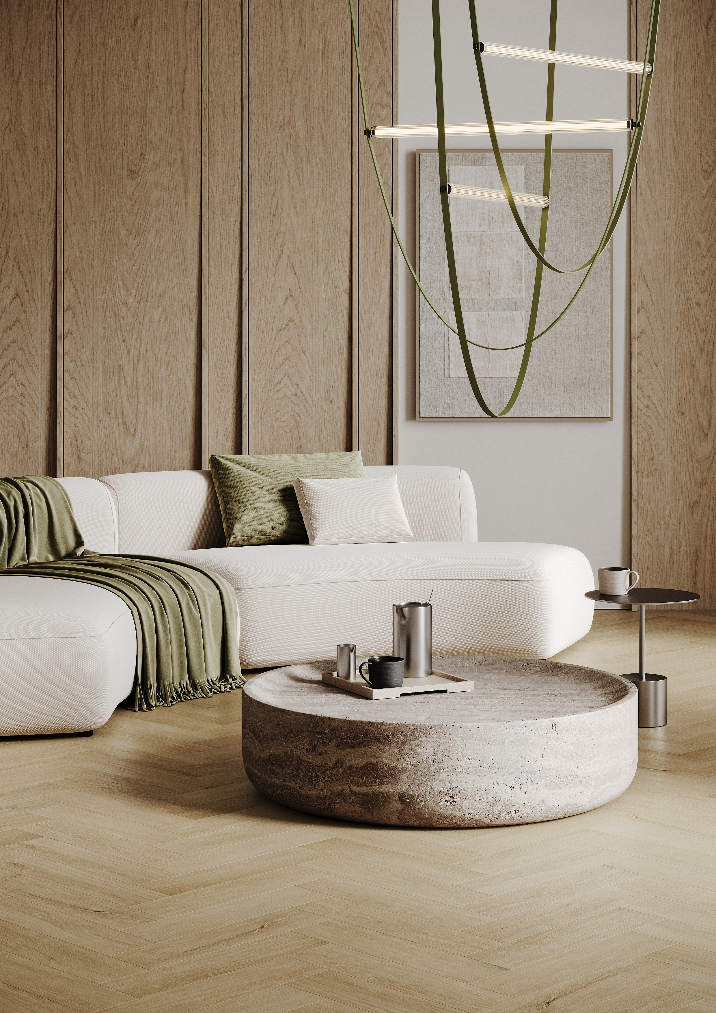 Кварцвиниловый SPC ламинат Home Expert Parquet Design Дуб Капучино 44-5014-5 венгерская елка 400×100×4,5 фото в интерьере